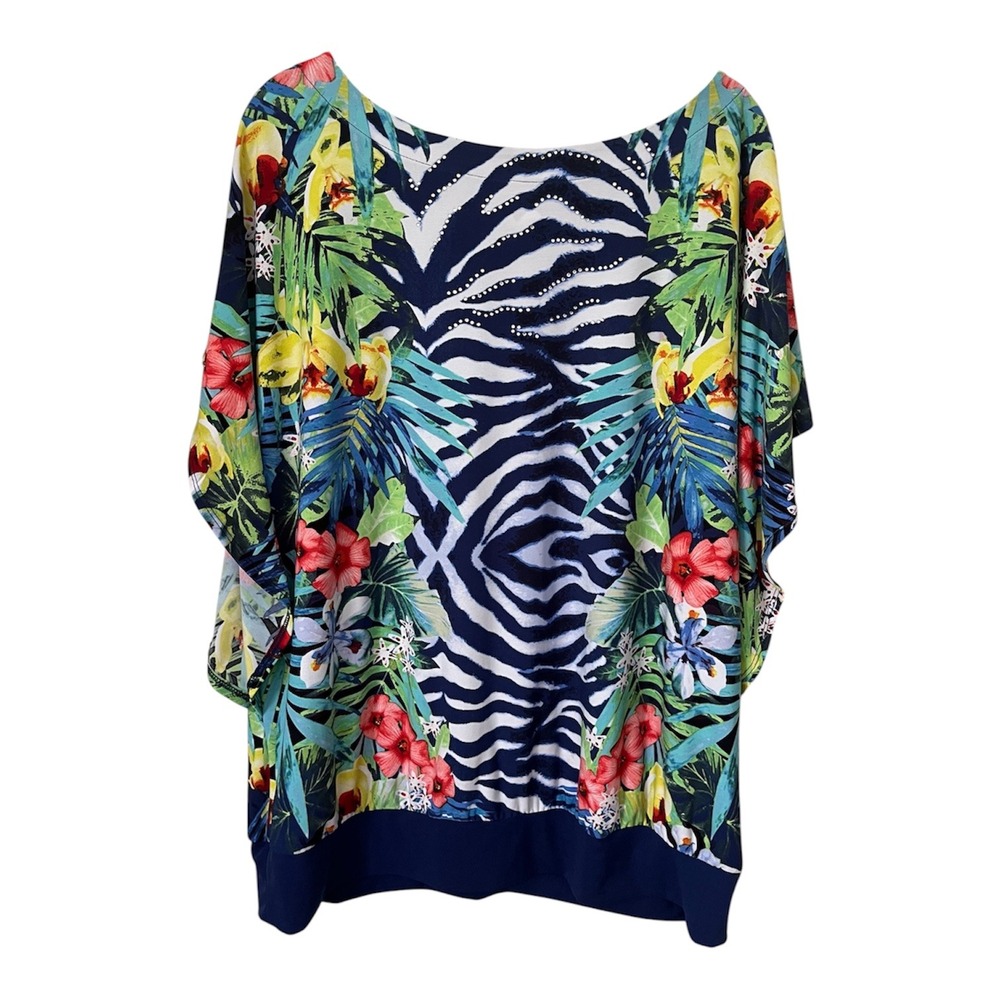 JM Collection Women Tunic Top Blue Zebra Striped Floral Tropical 0X